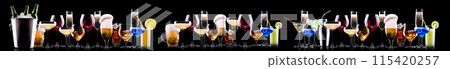 Different alcohol cocktails like beer, martini, soda, champagne, whiskey 115420257