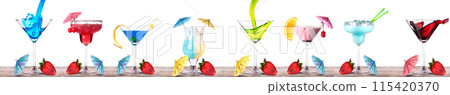 Different alcohol cocktails like beer, martini, soda, champagne, whiskey 115420370