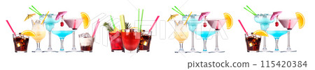 Different alcohol cocktails like beer, martini, soda, champagne, whiskey 115420384