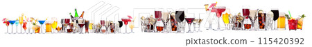 Different alcohol cocktails like beer, martini, soda, champagne, whiskey 115420392