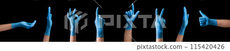 Doctor's hand in sterile medical gloves showing gesture or something on black Doctor's hand in sterile medical gloves showing gesture or something on black 115420426