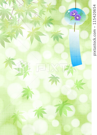 夏天的問候，夏天，風鈴，秋天的落葉，可愛，插畫，明信片，垂直 115420654