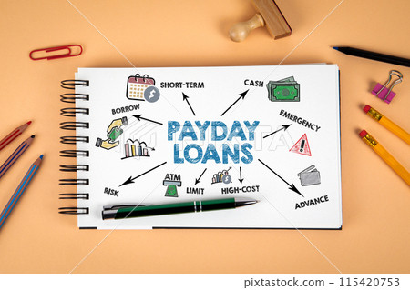Payday Loans Concept. Notepad and office supplies on a light background Payday Loans Concept. Notepad and office supplies on a light background 115420753