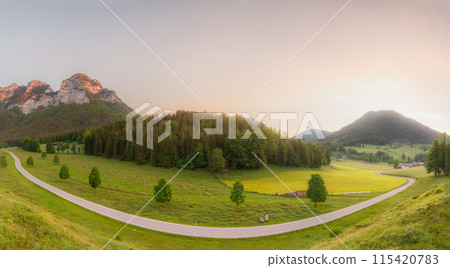 Meadow with road and bench during sunset in Berchtesgaden National Park Meadow with road and bench during sunset in Berchtesgaden National Park 115420783