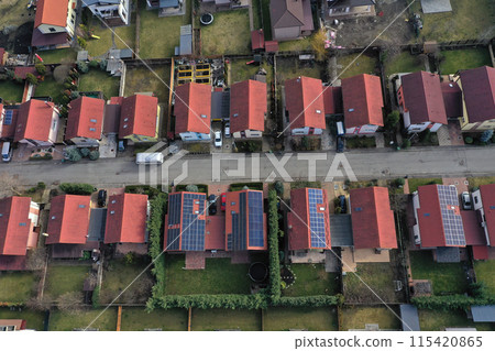 Aerial view of European real estate neighborhood, residential area housing estate, urban environment, city houses from above Aerial view of European real estate neighborhood, residential area housing estate, urban environment, city houses from above 115420865