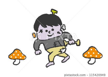 A cute and relaxed Frankenstein walking hand-drawn illustration, a non-scary Halloween illustration 115420949