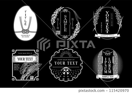 A set of retro Japanese-style logos and labels with rice, wheat and rice plant motifs. A set of retro Japanese-style logos and labels with rice, wheat and rice plant motifs. 115420970
