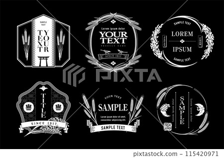 A set of retro Japanese-style logos and labels with rice, wheat and rice plant motifs. A set of retro Japanese-style logos and labels with rice, wheat and rice plant motifs. 115420971