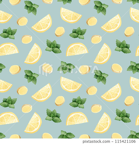 Organic lemonade mix with lemon, ginger slices and peppermint leaves watercolor seamless pattern on pastel blue. Hand drawn background with healthy herbs for summer beverage or herbal tea 115421106