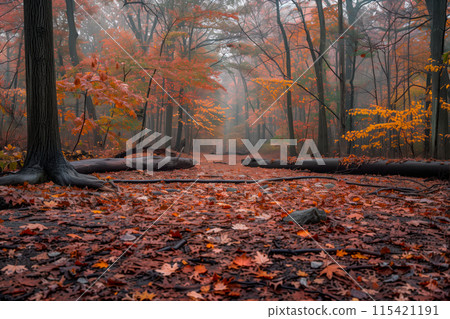 Sunlit forest path with cut tree logs. Misty atmosphere with sunlight filtering through tall trees 115421191