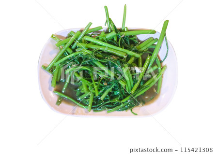 Top view of Stir-Fried Chinese Morning Glory or Water Spinach isolated, focus selective Top view of Stir-Fried Chinese Morning Glory or Water Spinach isolated, focus selective 115421308