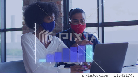 Image of statistics over diverse man and woman wearing face masks in restaurant 115421743