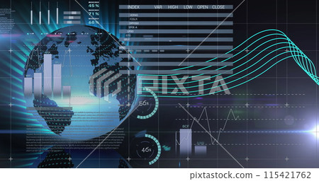 Image of graphs data and information moving on screen over grid and globe spinning 115421762