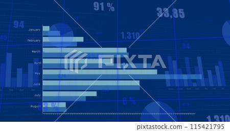 Image of diverse graphs and financial data on blue background 115421795