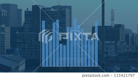 Image of diverse graphs over blue cityscape 115421797