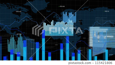Image of financial graphs and data over world map on black background 115421806