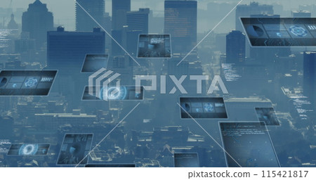 Image of scopes scanning and data processing over cityscape 115421817