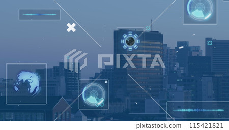 Image of scopes scanning and data processing over cityscape 115421821