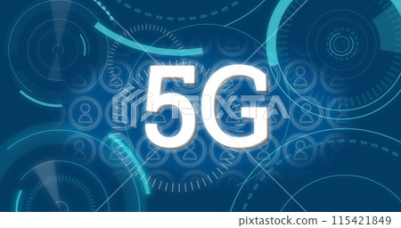 Digital 5G image with dynamic circles and people icons on a blue 4K background. Digital 5G image with dynamic circles and people icons on a blue 4K background. 115421849