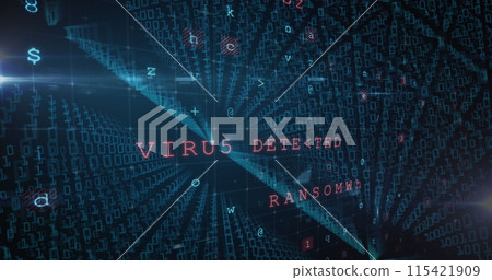 Image of cybercrime warning text changing and binary coding 115421909