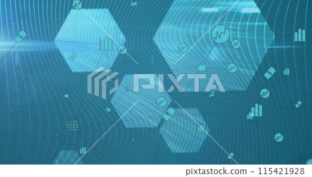 Image of network of connections with icons over blue hexagons 115421928