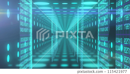 Image of binary coding and data processing over neon tunnel Image of binary coding and data processing over neon tunnel 115421977