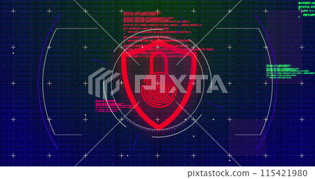 Digital biometric fingerprint security scan on a blue background. 115421980