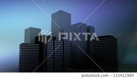 Skyscrapers rise against a starry night sky, evoking a cityscape 115421984