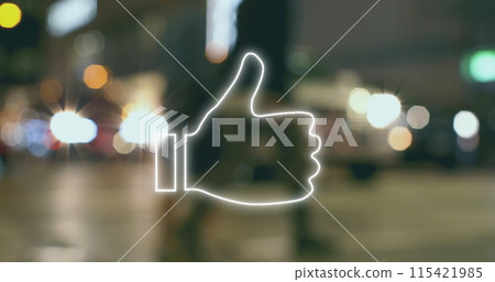 A neon-like thumbs up sign glows against a blurred city backdrop at night A neon-like thumbs up sign glows against a blurred city backdrop at night 115421985