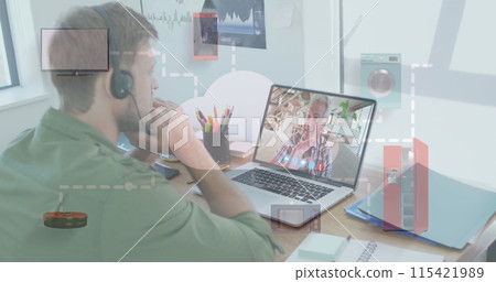 Caucasian man in a headset is on a video call with a senior man Caucasian man in a headset is on a video call with a senior man 115421989