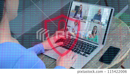 Laptop screen displays a virtual meeting with four participants Laptop screen displays a virtual meeting with four participants 115422006