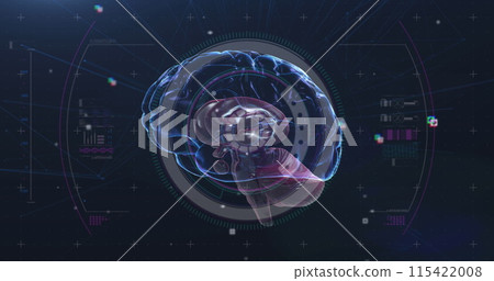 Image of scope scanning with human brain spinning on black background 115422008