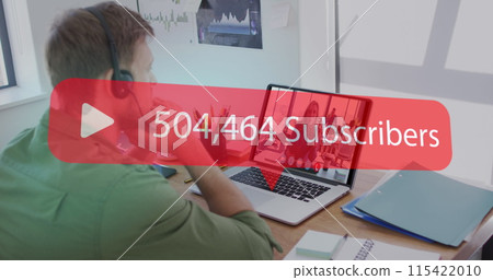 Caucasian man watches subscriber count on his laptop Caucasian man watches subscriber count on his laptop 115422010