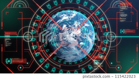 A holographic Earth is encircled by futuristic interface elements 115422023