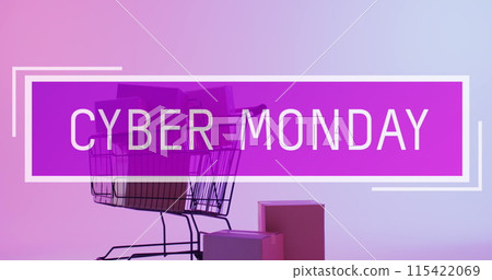 Image of cyber monday text over shopping trolley with gift boxes Image of cyber monday text over shopping trolley with gift boxes 115422069
