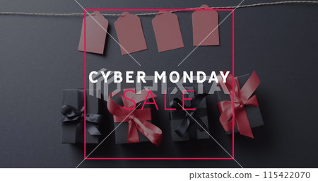 Image of cyber monday sale text over gift tags and boxes on black background Image of cyber monday sale text over gift tags and boxes on black background 115422070