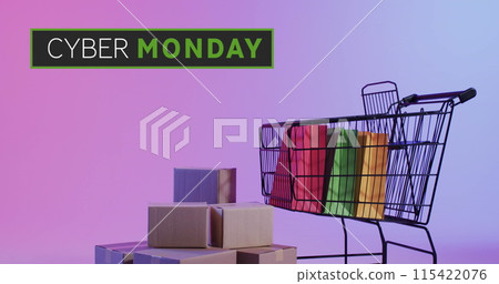 Image of cyber monday text over shopping trolley, bags and boxes Image of cyber monday text over shopping trolley, bags and boxes 115422076