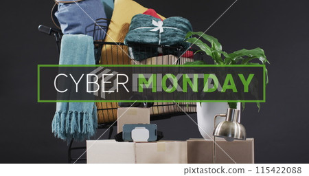 Image of cyber monday text over gift boxes in shopping trolley Image of cyber monday text over gift boxes in shopping trolley 115422088