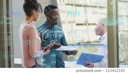 Image of data processing over diverse business people in office 115422185