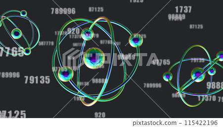 Image of 3d micro of molecules and numbers on black background 115422196