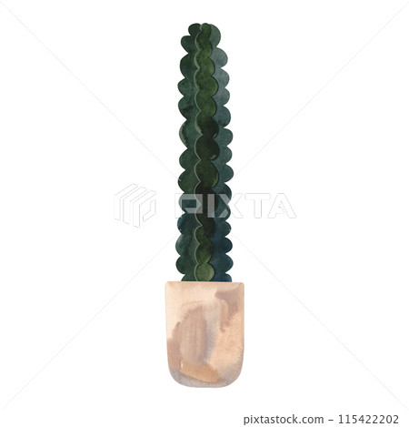 Cactus in a light concrete pot. Plants for the home. Floriculture. Interior decoration. Isolated watercolor illustration on white background. Clipart. 115422202