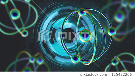 Image of micro of atom models over black background Image of micro of atom models over black background 115422206