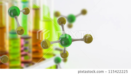 Image of micro of molecules models and laboratory beakers over white background 115422225