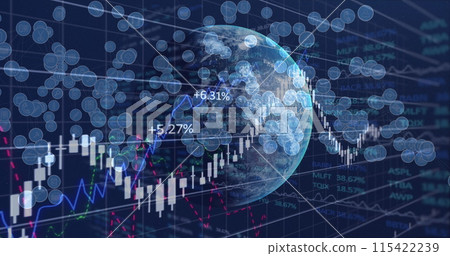 Image of financial data processing over digital icons and globe Image of financial data processing over digital icons and globe 115422239