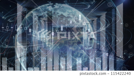 Image of financial data processing over globe and computer servers Image of financial data processing over globe and computer servers 115422240