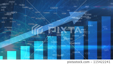 Image of financial data processing with blue arrow pointing up and numbers changing Image of financial data processing with blue arrow pointing up and numbers changing 115422241