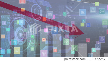 Image of statistics with red arrow pointing down and digital icons Image of statistics with red arrow pointing down and digital icons 115422257