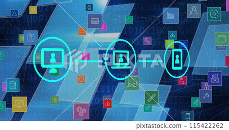 Image of digital icons over blue screens and binary coding 115422262