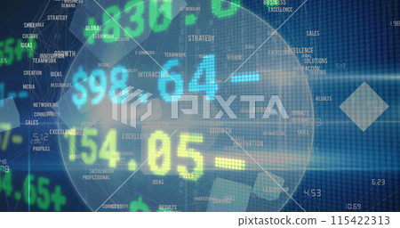 Image of financial data processing, business text over globe on blue background Image of financial data processing, business text over globe on blue background 115422313