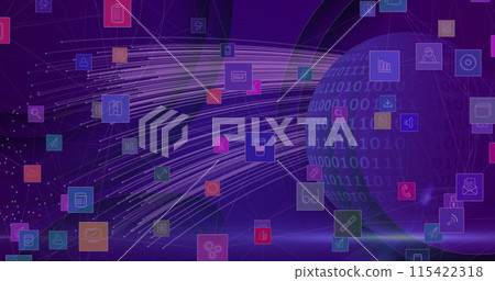 Image of digital icons over globe with binary coding on purple background Image of digital icons over globe with binary coding on purple background 115422318